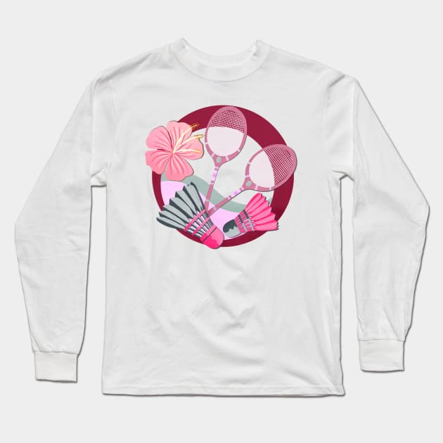 Tropical badminton badge - red and pink Long Sleeve T-Shirt by Home Cyn Home 